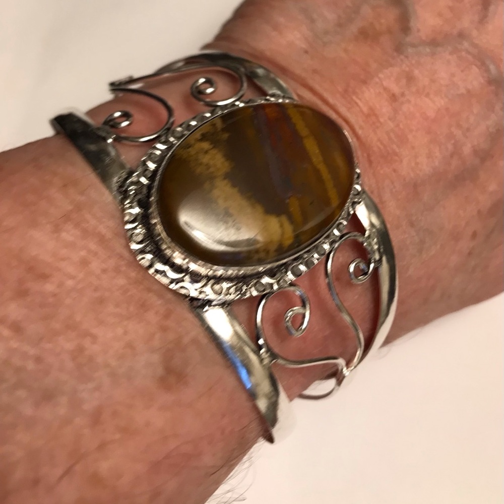 Sunset Jasper Stamped Solid 925 Sterling Silver Cuff Bracelet